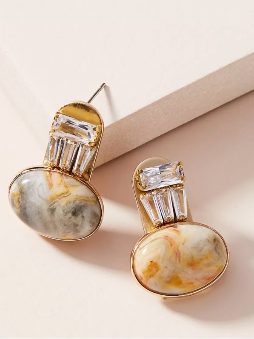 Gold-Tone Marble Oval Drop Earrings with Crystal Baguettes